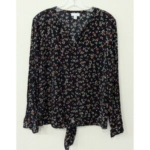 J Jill Women's Long Sleeved Blouse Small Black/Multi Modernist Floral Bottom Tie